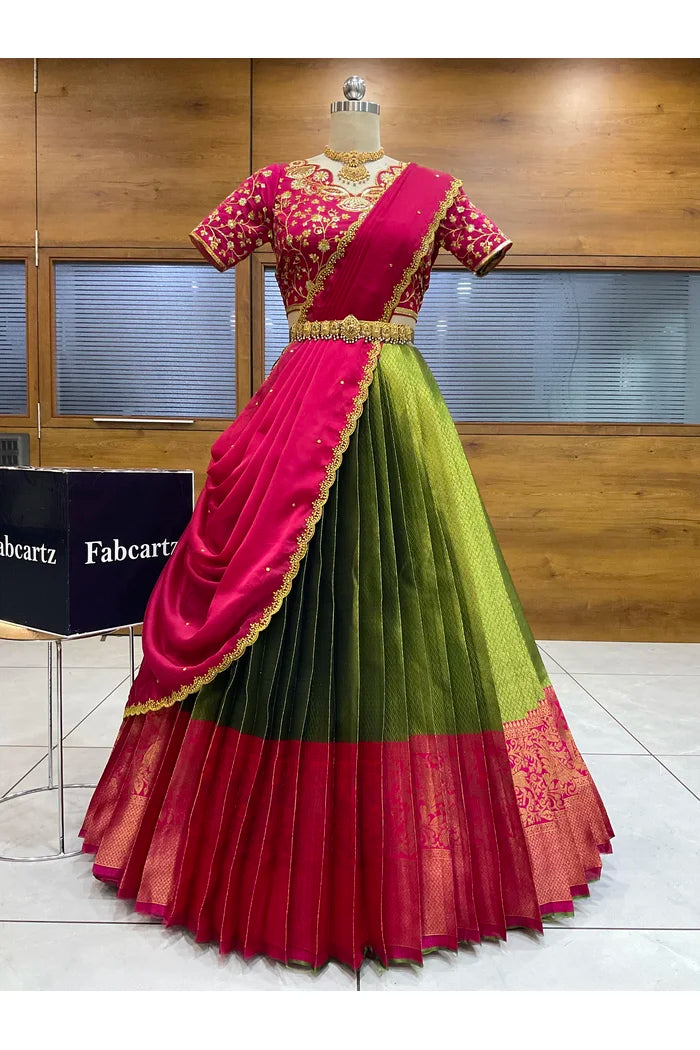 Beautiful South Indian Style Half Saree with Blouse and Dupatta for Women | Lajja