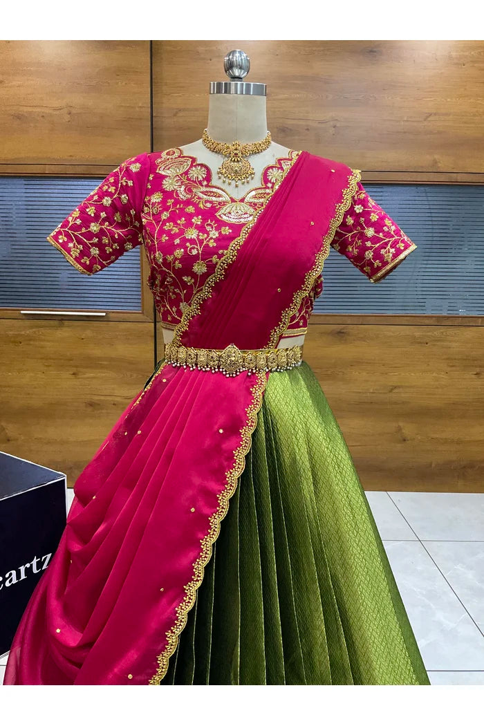 Beautiful South Indian Style Half Saree with Blouse and Dupatta for Women | Lajja