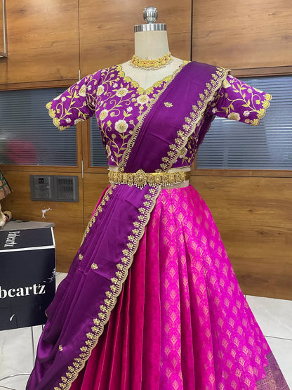 Munjya Women's Woven Design zari work Half Saree with Embroidered Blouse and Dupatta