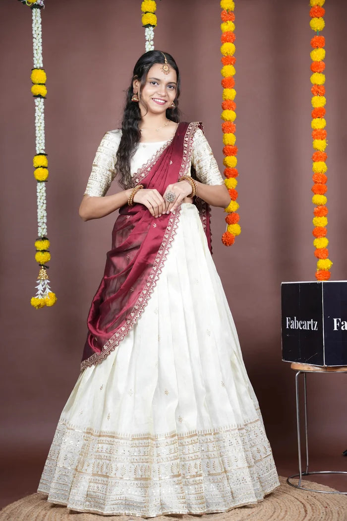 Aarohi kv Women's Woven Design Half Saree with Blouse and Dupatta