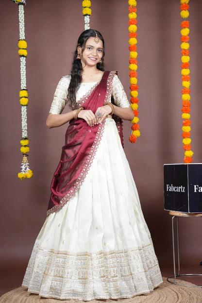 Aarohi kv Women's Woven Design Half Saree with Blouse and Dupatta