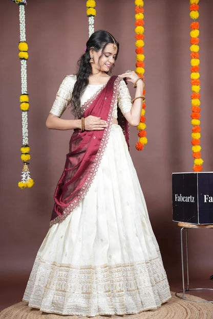 Aarohi kv Women's Woven Design Half Saree with Blouse and Dupatta