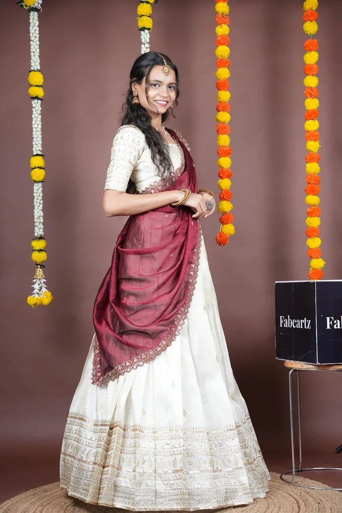 Aarohi kv Women's Woven Design Half Saree with Blouse and Dupatta