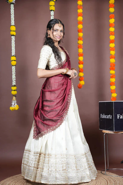 Aarohi kv Women's Woven Design Half Saree with Blouse and Dupatta