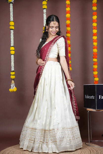 Aarohi kv Women's Woven Design Half Saree with Blouse and Dupatta