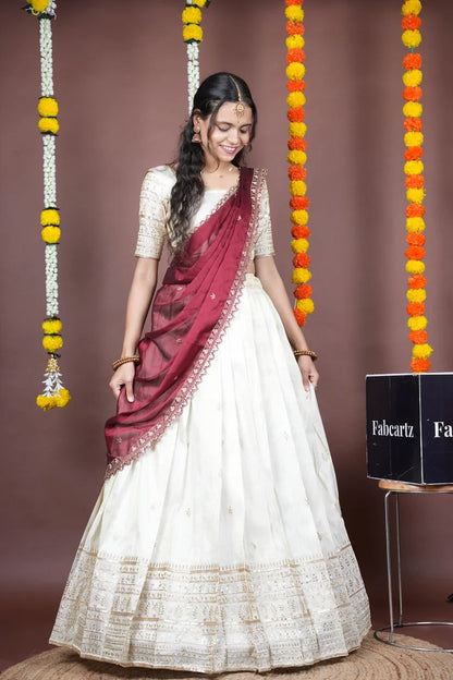 Aarohi kv Women's Woven Design Half Saree with Blouse and Dupatta