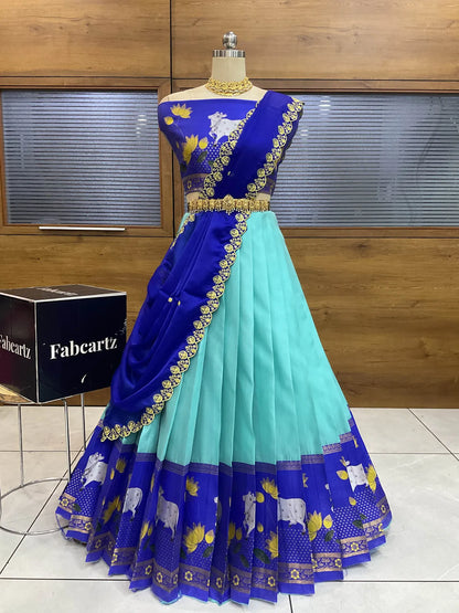 (KaamRango) South Indian Festival Traditional Half Saree with Embroidered Blouse & Dupatta