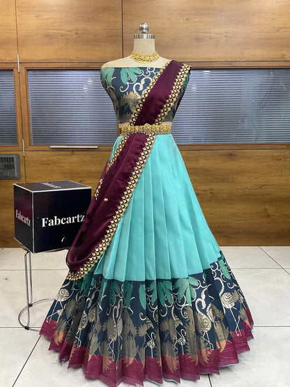 (HansRango) South Indian Festival Traditional Half Saree with Embroidered Blouse & Dupatta