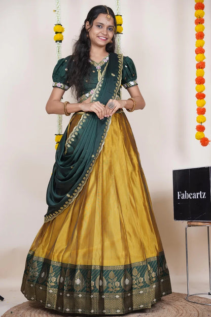 Ravleena   Women's Woven Design zari work Half Saree with Embroidered Blouse and Dupatta