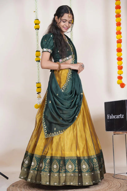 Ravleena   Women's Woven Design zari work Half Saree with Embroidered Blouse and Dupatta