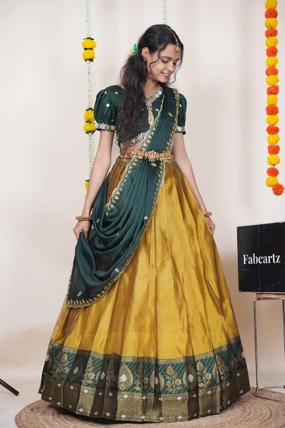 Ravleena   Women's Woven Design zari work Half Saree with Embroidered Blouse and Dupatta