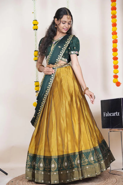 Ravleena   Women's Woven Design zari work Half Saree with Embroidered Blouse and Dupatta