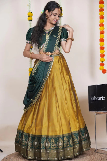 Ravleena   Women's Woven Design zari work Half Saree with Embroidered Blouse and Dupatta